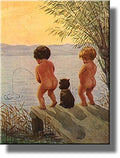 Boys by The Lake Distance Record Toilet Bathroom Picture Made on Stretched Canvas, Wall Art Decor Ready to Hang.