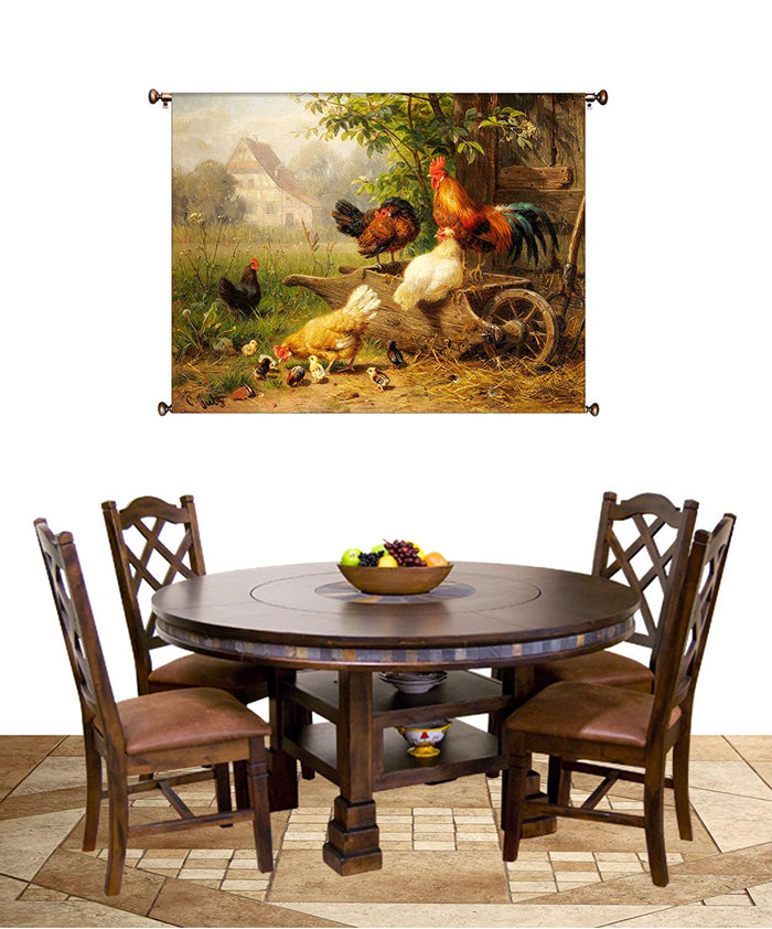 Chicken on Wheelbarrow Kitchen Picture on Canvas Hung on Copper Rod, Ready to Hang, Wall Art Décor