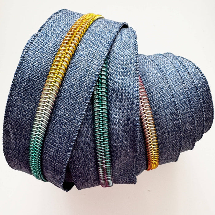 Denim Blue Nylon Zipper Tape with Rainbow Teeth - 3 Yards - Boho Fabrics - Zippers