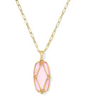 Elle Lattice Frame Gold Large Long Pendant Necklace, Blush Ivory Mother of Pearl
