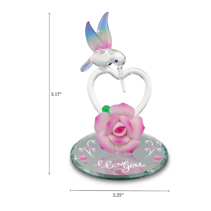 Glass Baron I Love You Hummingbird Glass Figurine, Hand Blown & Sculpted with Austrian Crystal Accents, Airbrushed Porcelain Flower, & Beveled Mirror Base