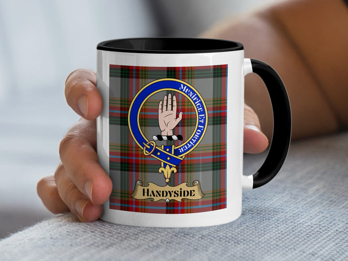 Handyside Scottish family crest mug with black accent handle and tartan background