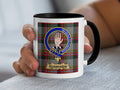 Handyside Scottish family crest mug with black accent handle and tartan background