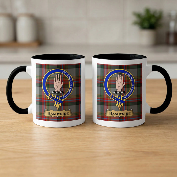 Pair of Handyside Scottish heritage mugs with black accents and crest artwork