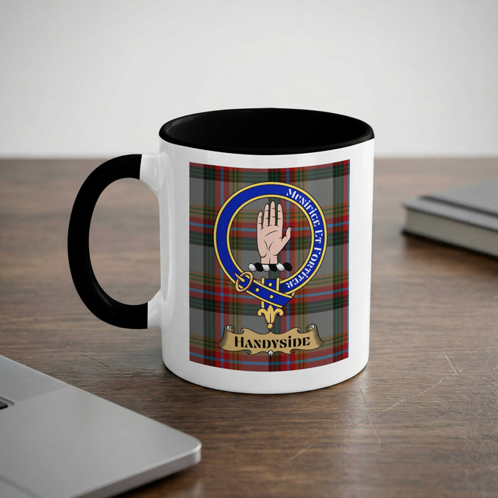 Handyside family name mug with crest and tartan background