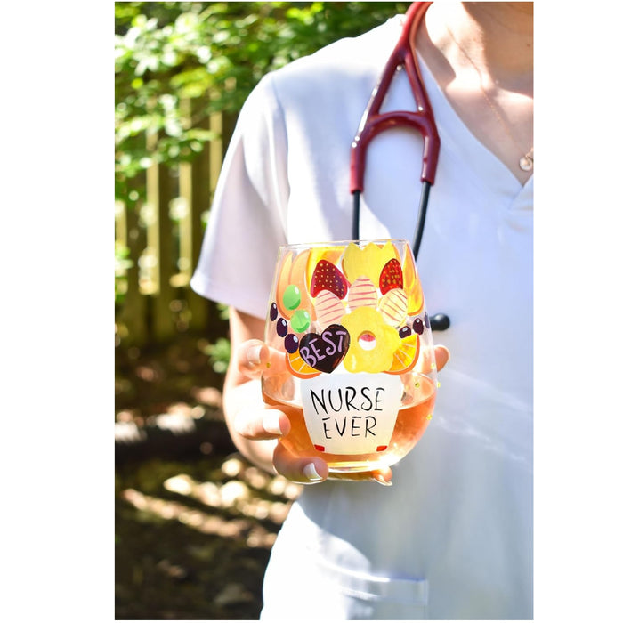 Enesco Lolita Best Nurse Ever Hand-Painted Artisan Stemless Wine Glass, 20 Ounce