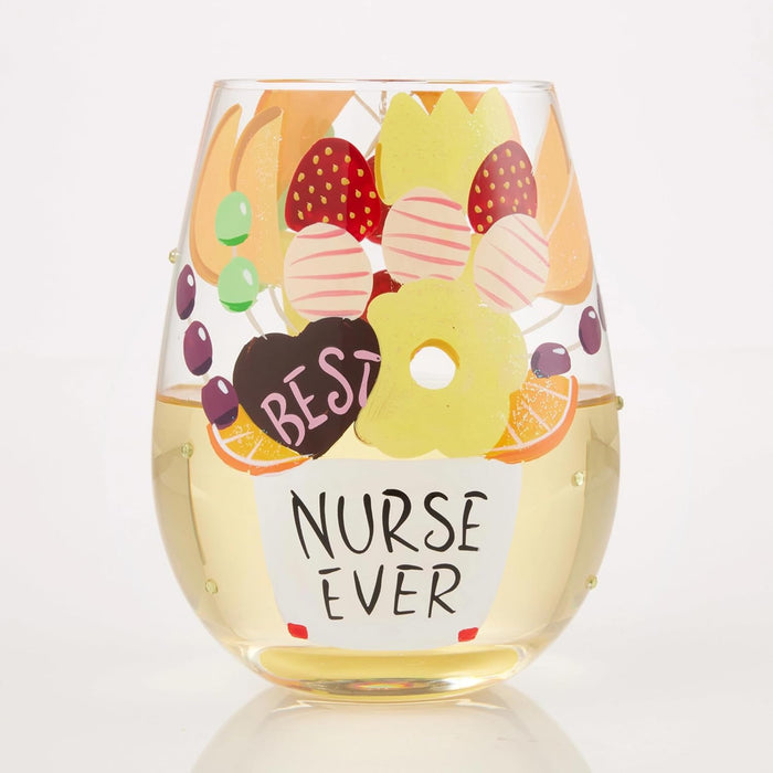 Enesco Lolita Best Nurse Ever Hand-Painted Artisan Stemless Wine Glass, 20 Ounce