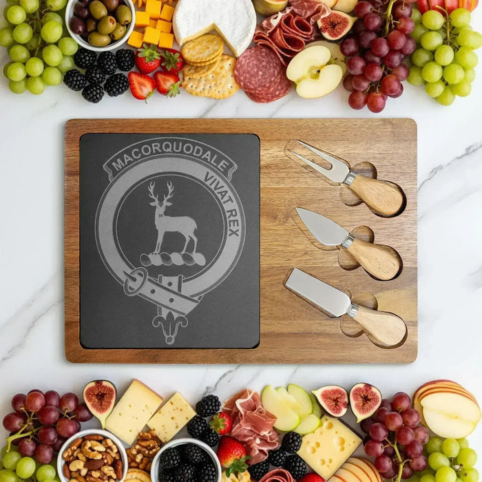 Macorquodale clan crest and Vivat Rex engraved on acacia-and-slate charcuterie board