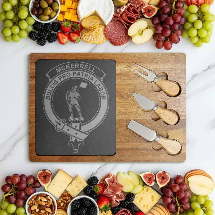 McKerrell clan crest and Dulcis Pro Patria Labor engraved on acacia-and-slate board