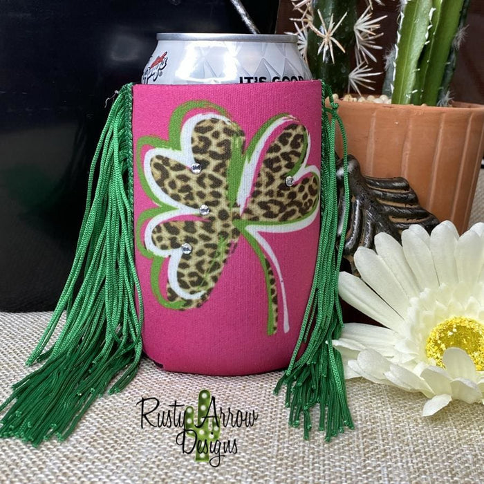 Regular Cheetah Pink Clover Fringe Fringe Koozie - Koozie