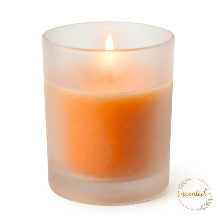 Citrus fruit scented orange candle in a glass holder on a white backdrop