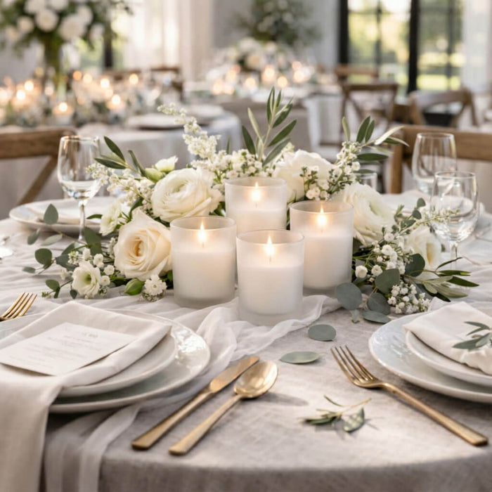 Four frosted votive holders with white unscented candles at a garden gala event tablescape
