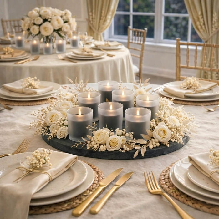 Unscented black candles in frosted holders on a dining table