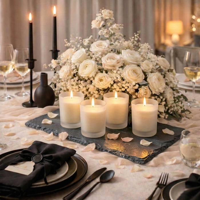 Luxury wedding table centerpiece featuring ivory candles inside Frosted Votive Holders