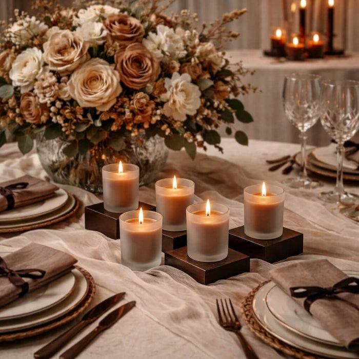 Frosted Votive Holders with lit brown candles on an elegant wedding dinner tablescape theme