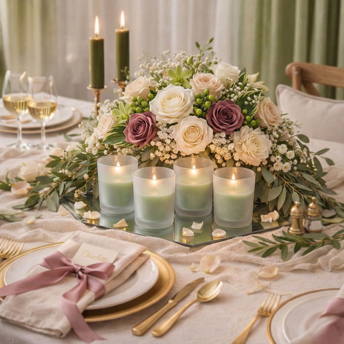 Sophisticated dinner table centerpiece with green lime vanilla scented candles in votive holders