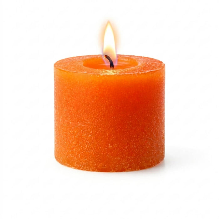 Single orange unscented votive candle with flame