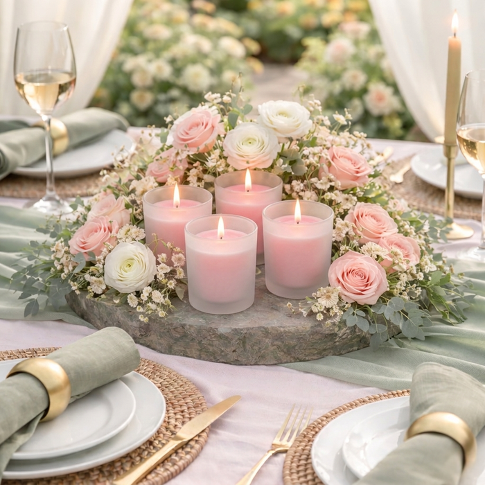 Pink candles in glass votives with flowers on a table