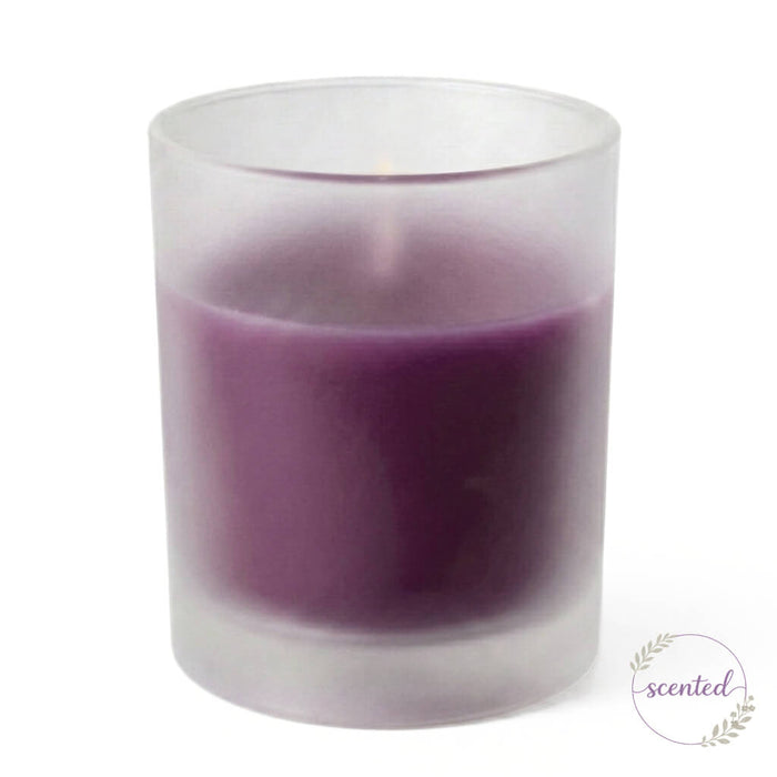 Purple-Mulberry scented candle in frosted glass holder