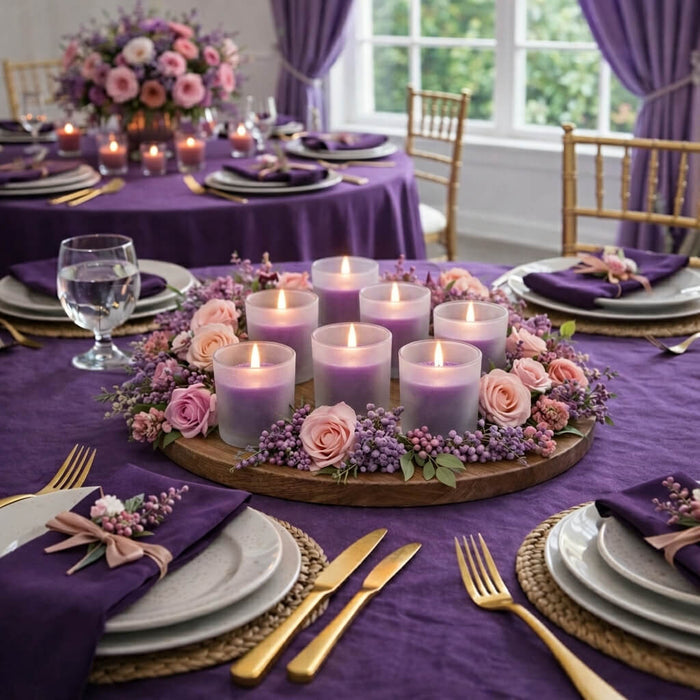 Lit purple candles in frosted holders surrounded by flowers on a formal dinner table