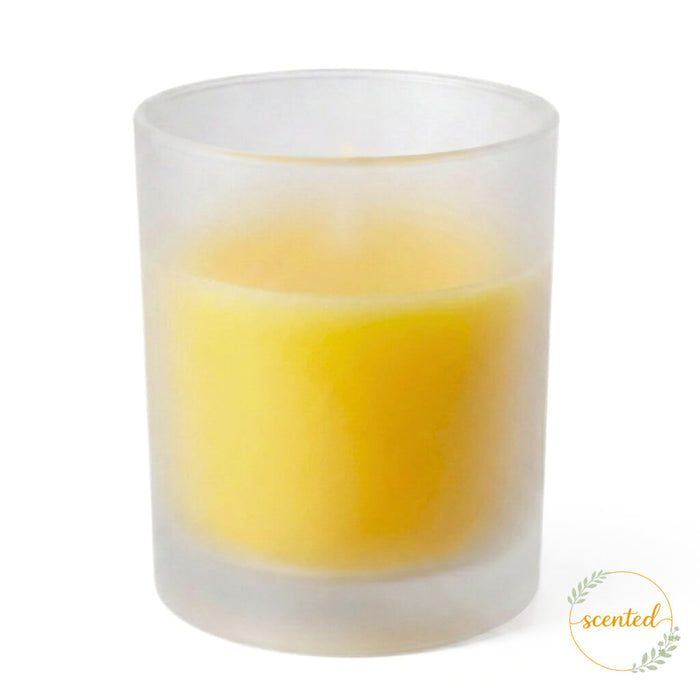 Yellow-Lemon Meringue scented candle in frosted glass votive holder