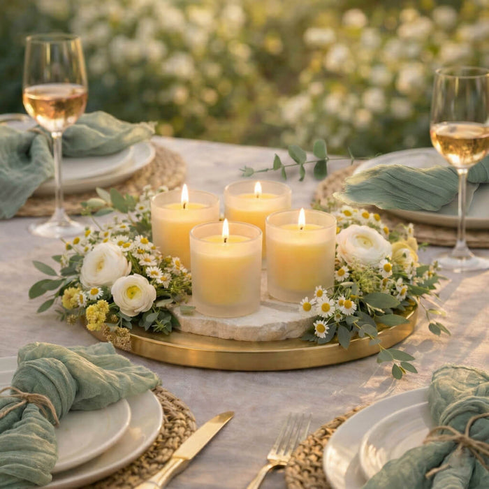 Four frosted votive holders with yellow candles on a gold tray centerpiece at a garden gala
