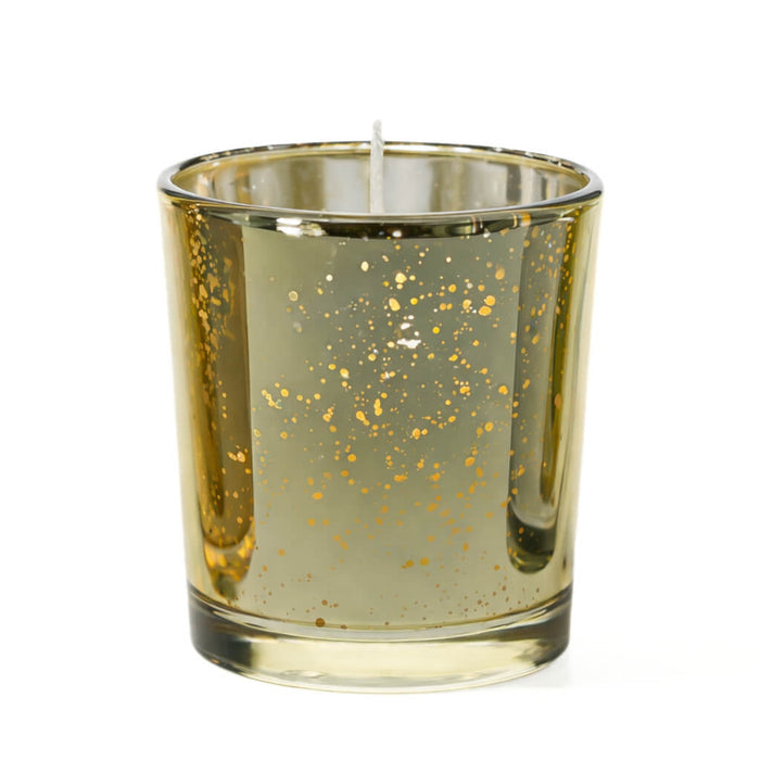 White unscented candle in metallic gold mercury glass candle holder