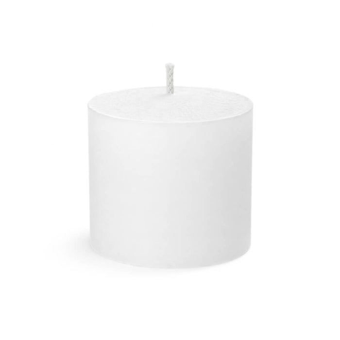 White pillar candle with exposed wick isolated on white background