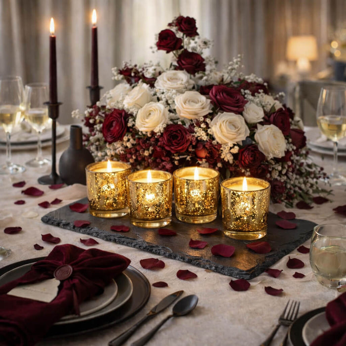 Gold mercury glass votive candles with red and white floral romantic table centerpiece
