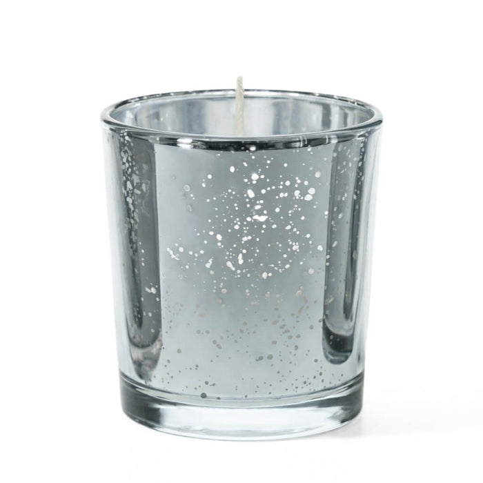 White unscented candle in shiny silver mercury glass candle holder