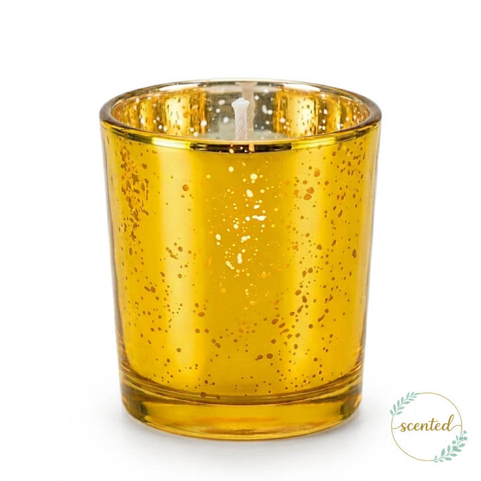 White-Fresh Laundry scented candle in reflective amber gold glass holder