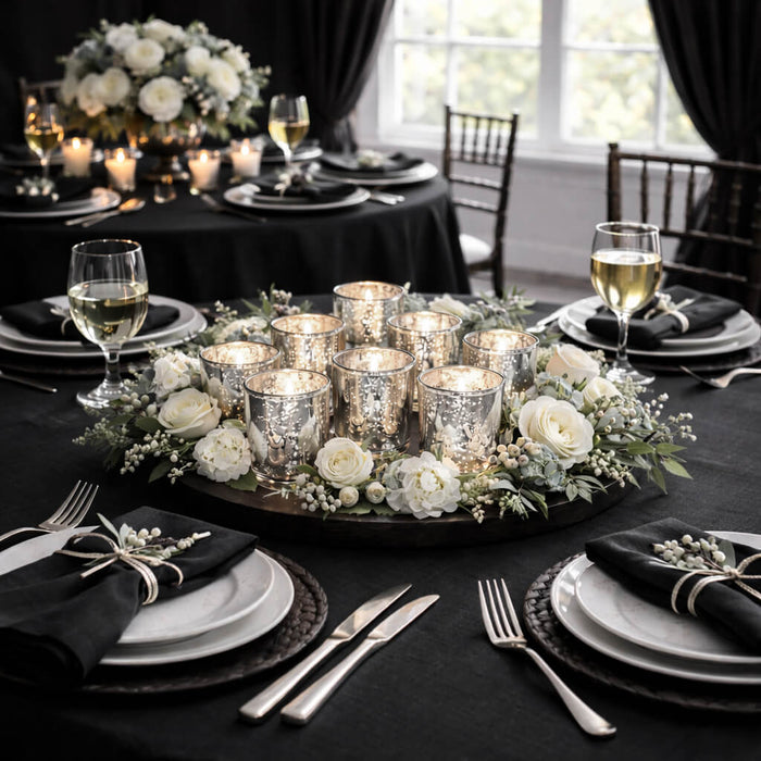 A lavish dark tablescape showcasing an array of Metallic Silver Mercury Votive Holder cups