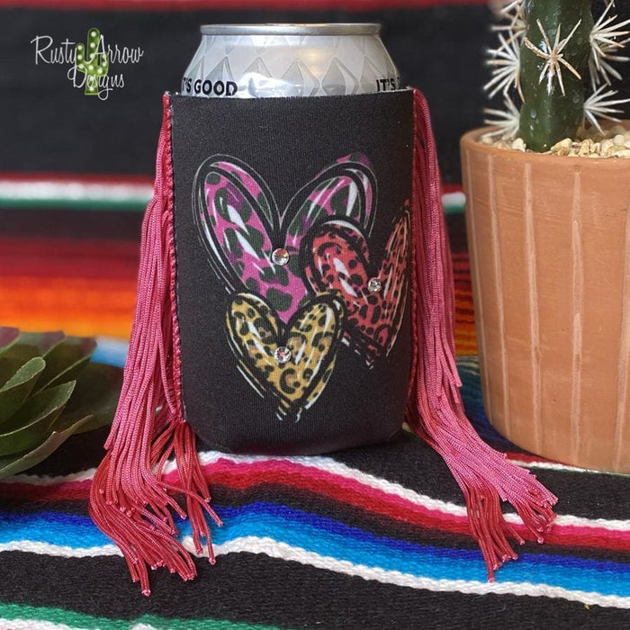 Trio Cheetah Hearts Fringe Trim 12 oz Koozie - Koozie