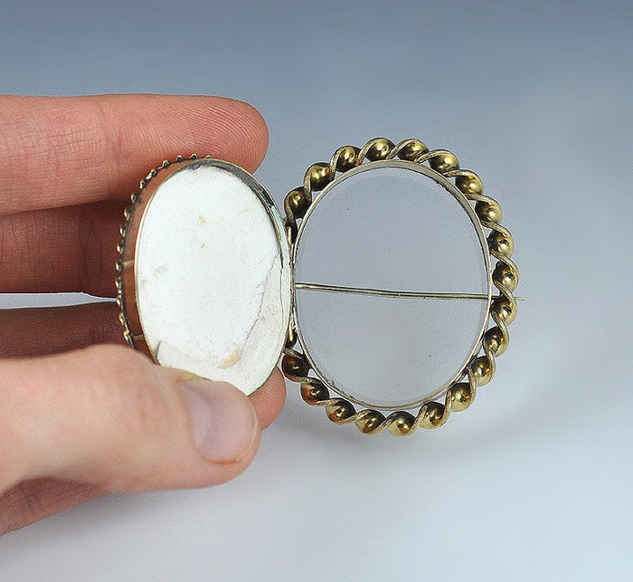 Unusual Carved Lava Cameo Locket Brooch Depicts Woman's Head in 3/4 Position