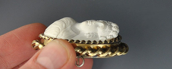 Unusual Carved Lava Cameo Locket Brooch Depicts Woman's Head in 3/4 Position