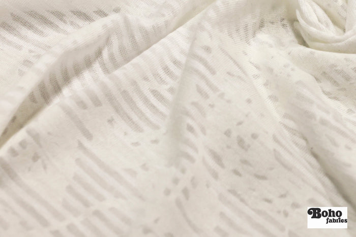 White Striped Floral Burnout Jersey Knit Fabric - Boho Fabrics - Jersey Knit Printed Fabric