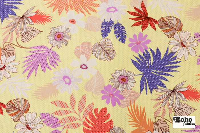 Yellow with Tropical Leaves and Polka Dot Florals Rayon Challis Woven Fabric - Boho Fabrics - Challis, Woven